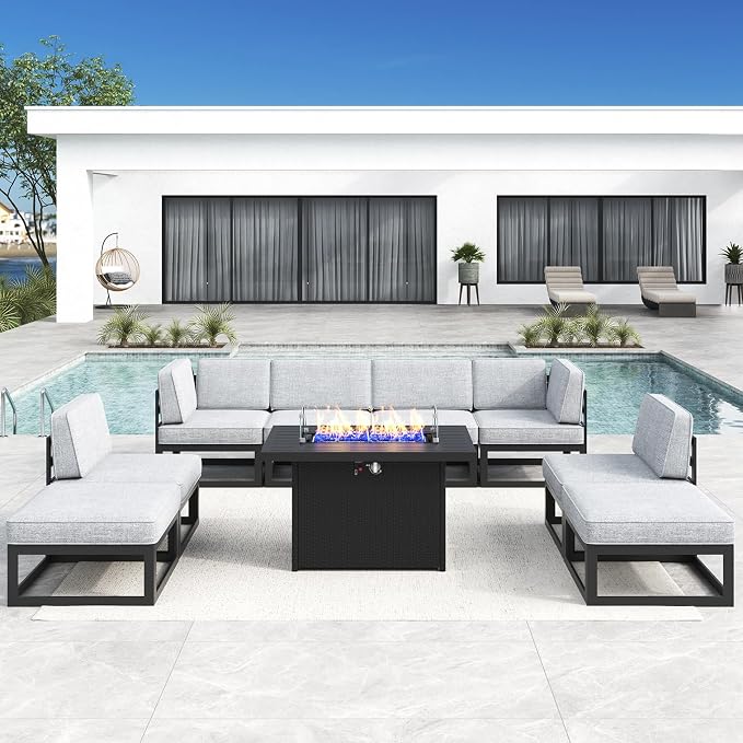 LayinSun Large Aluminum Patio Furniture Set with Fire Pit Table, 9 Pieces Modern Outdoor Conversation Set Sectional Metal Sofa Set with Olefin Cushion