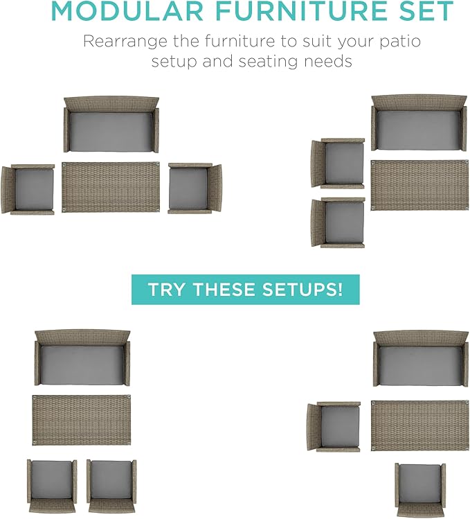 Best Choice Products 4-Piece Outdoor Wicker Patio Conversation Furniture Set for Backyard w/Coffee Table, Seat Cushions - Taupe/Cement Gray