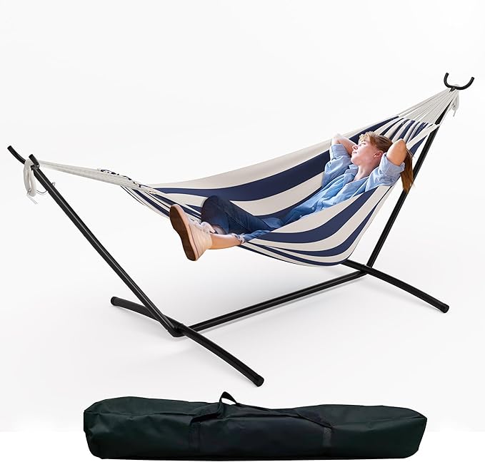 Heavy Duty Double Cotton Hammock with Steel Stand for 2 Person - Brazilian Style, 450lbs Capacity - Portable Indoor Outdoor Lounger with Carry Bag - Easy Assembly for Backyard, Balcony