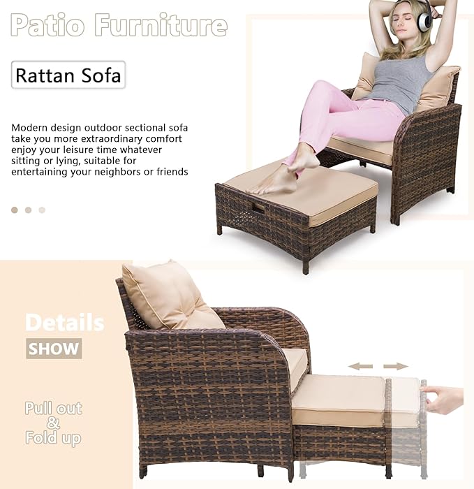 5 Pieces Outdoor Patio Chairs with Ottomans, PE Wicker Rattan Outdoor Furniture w/Footstool Sets, Front Porch Furniture Set, Wicker Patio Conversation Sets for Garden Lawn Balcony(Beige)