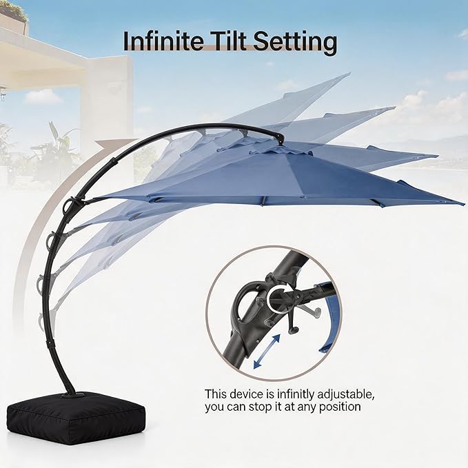 LAUSAINT HOME 12ft Patio Cantilever Umbrella with Base Included, Outdoor Curvy Round Offset Umbrella, Heavy Duty Aluminum, 360° Rotation for Pool, Deck, Lawn, Backyard (Navy blue)