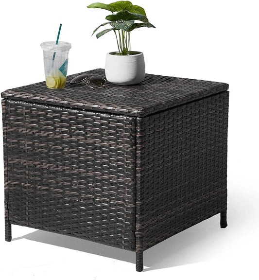 HOMSUPPLIE'S 27 Gallon Outdoor Side Table with Storage Space, Waterproof Wicker Patio Deck Box, Rattan End Table with Hidden Storage for Pool Towels, Toys & Garden Tools(Brown,Square)