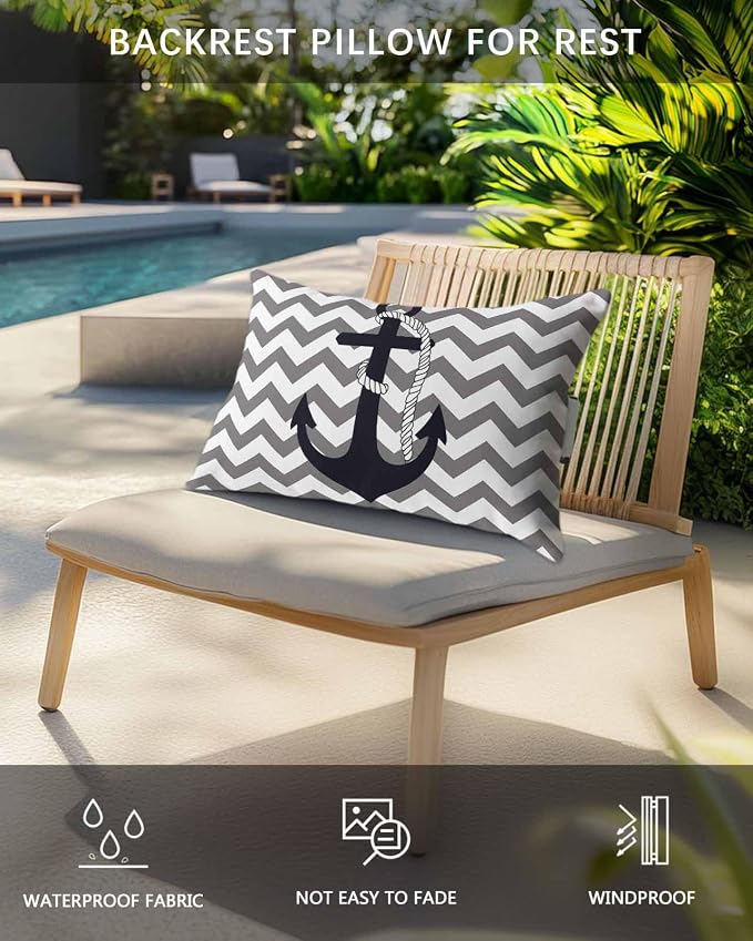 Nautical Anchor Outdoor Pillows Waterproof Covers, Gray Background Adjustable Elastic Chaise Lounge Head Resting Pillows, Decorative Lumbar Pillow for Pool Patio Furniture