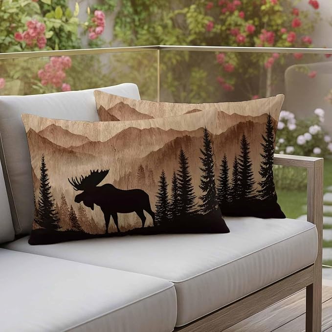 Moose Silhouette Outdoor Pillow Covers 20"x12" Set of 2, Nature Mountain Landscape Waterproof Throw Pillow Covers for Patio Furniture, Decorative Cushion Covers for Porch