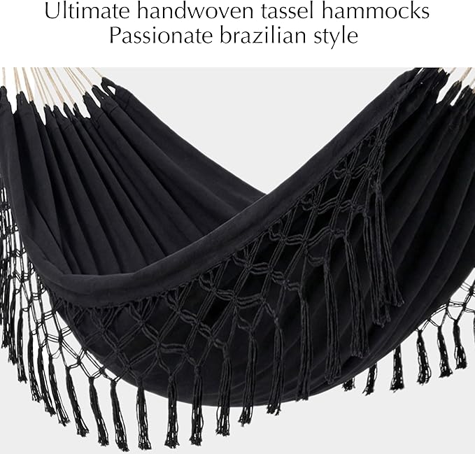 PNAEUT Double Hammocks for Outside, Replacement 2 Person Outdoor Tree Hammock for Indoor Patio Porch Garden (Tassel Black, Medium)
