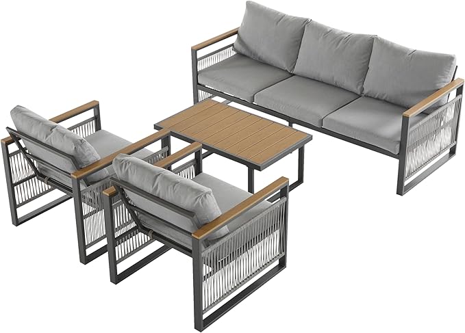 Christopher Knight Home Lena Patio 4 Pieces Conversation Set, Rope Woven Club Chairs and 3 Seater Sofa, Metal Frame Armchair, Slat Panel Coffee Table, Furniture Set for Backyard Garden Poolside, Gray