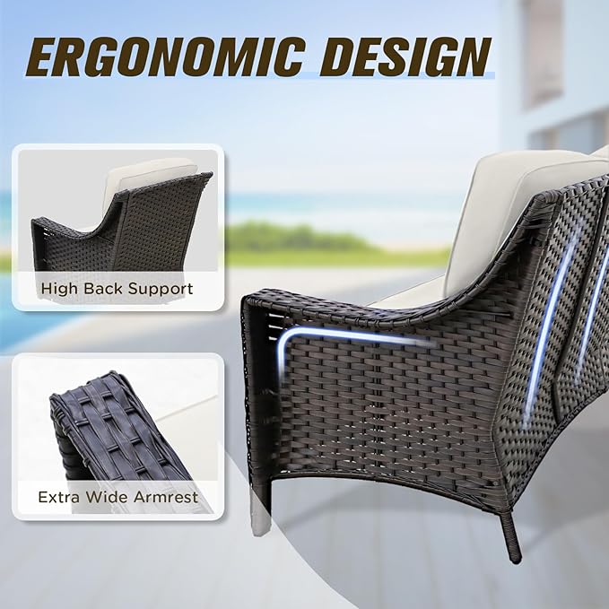 Stone Creek Outdoor Furniture Set with Patio Chairs, 3 Seater Couch & Ottomans, Wicker Patio Conversation Set, Balcony Furniture, 5 Piece, Brown/Beige