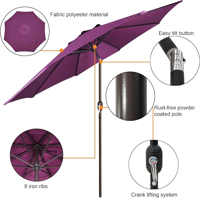 Blissun 9' Outdoor Patio Umbrella, Outdoor Table Umbrella, Yard Umbrella, Market Umbrella with 8 Sturdy Ribs, Push Button Tilt and Crank