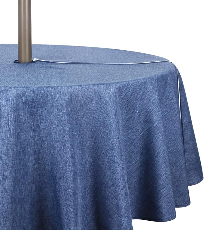 Outdoor Tablecloth Wrinkle-Free Stain Resistant Waterproof Polyester Fabric Table Cover with Zipper Umbrella Hole for Picnic/Party/Dinner/Patio Garden(70inch Round,Zippered,Denim Blue)