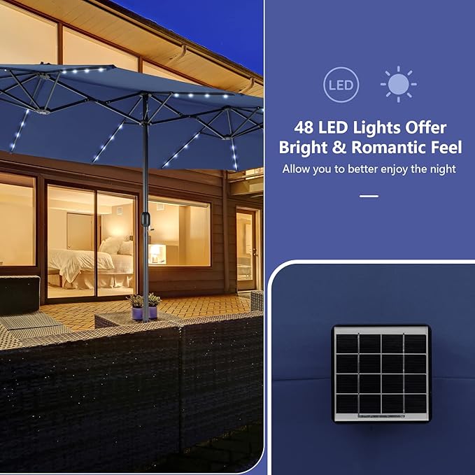 Tangkula 15 Ft Solar Patio Umbrella, Double-Sided Extra Large Outdoor Market Table Umbrella with 48 LED Lights, Crank Handle, 12 Sturdy Ribs for Poolside, Garden & Backyard (Navy)