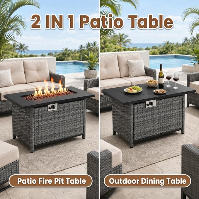 Rectangular PE Rattan Propane Fire Pit Table, 41 Inch Outdoor 50000 BTU Gas Firepit Table with Metal Tabletop & Lava Rocks, All Weather Patio Fire Pit for Backyard Garden Deck Porch