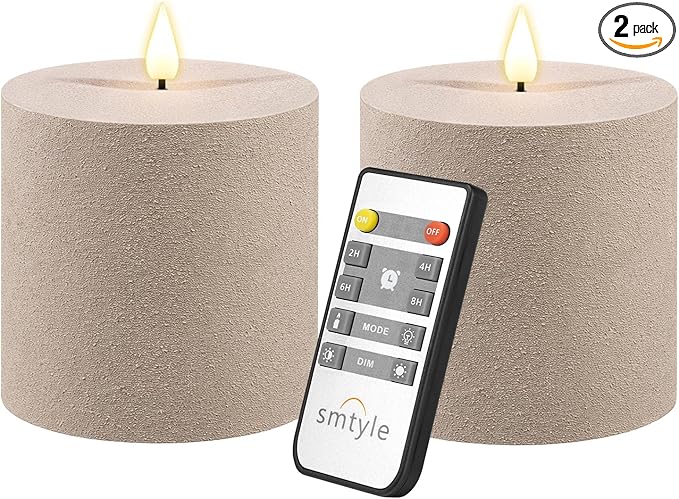 smtyle Grey 4x4 Inch Flameless Pillar Minimalist Textured Frosted Plastic Pottery Barn Style LED Flickering Battery Operated Candles with Remote for Home Decor, Relaxation, Meditation