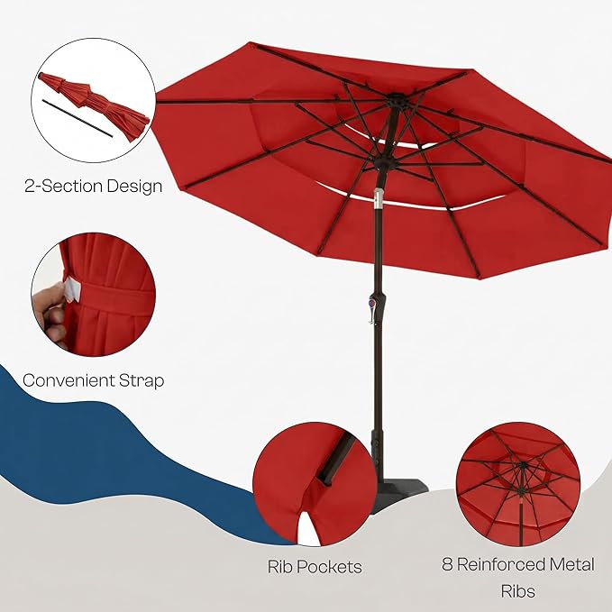 10ft 3 Tier Patio Umbrella, Outdoor Market Table Umbrella with UPF 50+ Vented Canopy, 8 Sturdy Ribs, Easy Push Button Tilt and Crank, Windproof for Deck, Pool, Backyard and Garden