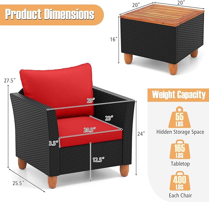 Tangkula 3 Pieces Patio Porch Furniture Set, PE Rattan Wicker Chair Conversation Set with Cushions and Storage Table, Outdoor Acacia Wood Bistro Set for Garden, Poolside (Red)