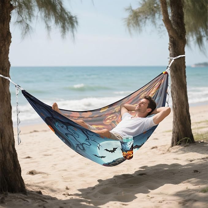 Hammocks for Outside Glowing Carved Jack-o-Lanterns Camping Hammock Portable Hammocks with Tree Straps and Carry Bag Camping Accessories for Hiking Beach Outdoor