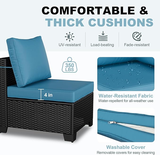 7 Pieces Patio Furniture Set, Outdoor Sectional Rattan Sofa Set, Wicker Patio Conversation Set with Cushions and Glass Coffee Table, for Balcony, Porch, Garden, Coffee and Peacock Blue