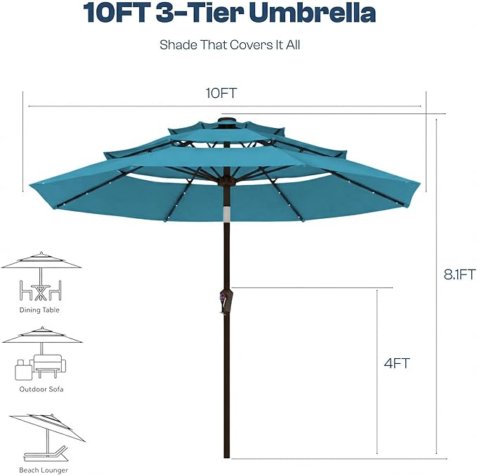 10ft 3-Tier Patio Umbrella with 32 Solar Powered LED Lights, Windproof Outdoor Market Umbrella for Deck, Poolside & Garden, Sturdy Push-Button Tilt Table Umbrella, Sky Blue