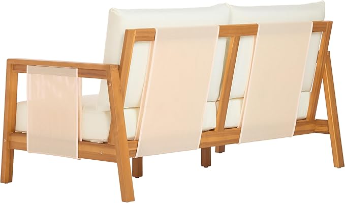 Christopher Knight Home Crew Acacia Wood Outdoor Loveseat and Coffee Table Set, 2 Piece Patio Furniture Set with Removable Cushion, Solid Wood Outdoor Conversation Set, Teak+Beige