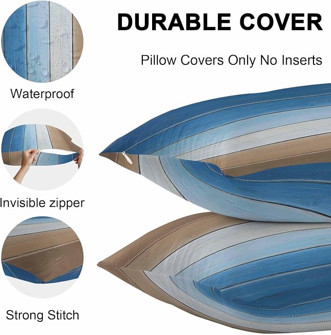 Throw Pillow Covers 16x16 Inch Set of 2, Blue Brown Waterproof Outdoor Cushion Covers, Gradient Wood Grain Farmhouse Country Decorative Pillowcases for Couch, Sofa, Bed, Garden, Patio