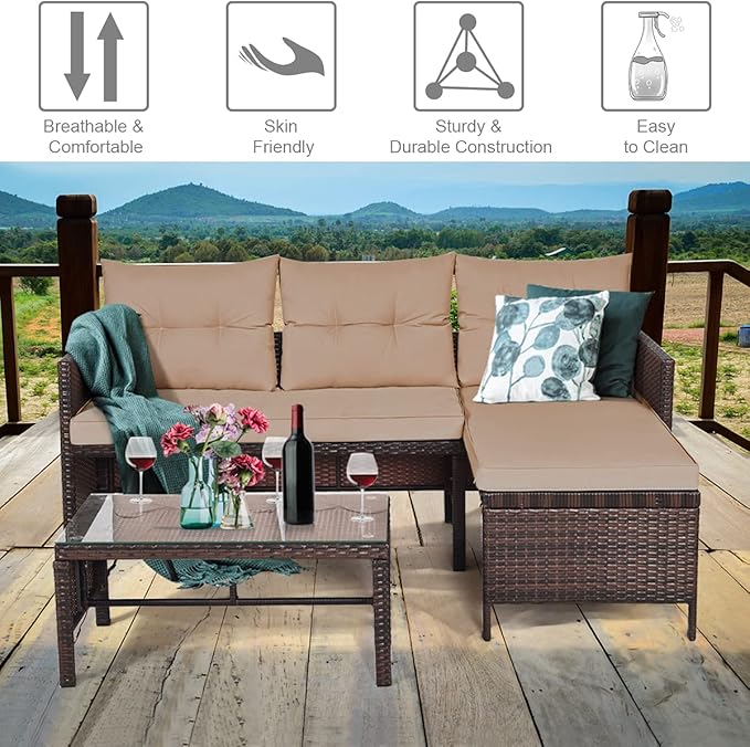 DORTALA 3 Piece Wicker Patio Furniture Set, PE Rattan Outdoor Sectional Sofa Conversation Set with Loveseat, Lounge and Tempered Glass Coffee Table for Garden Lawn Deck (Brown)