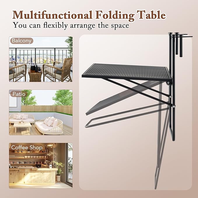 HAPPYGRILL Balcony Hanging Table for Railing, Outdoor Metal Folding Deck Bar Table with Adjustable Hooks, Black