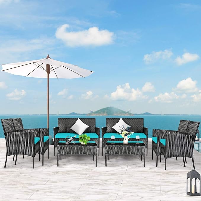 Tangkula 8 Piece Patio Furniture Set, Outdoor Wicker Conversation Set with Tempered Glass Coffee Table, Rattan Loveseat & Chairs Set with Seat Cushions for Backyard, Garden, Poolside (2, Turquoise)