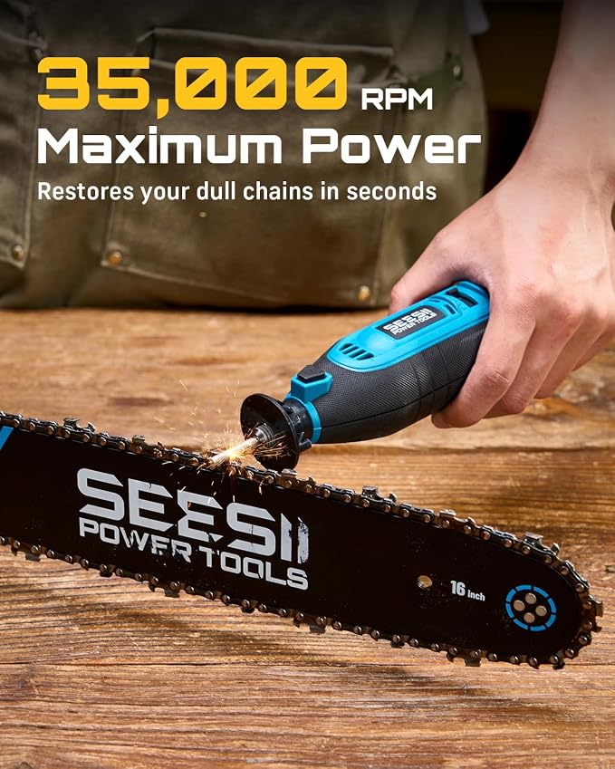 SEESII Electric Chainsaw Sharpener Kit, 35000RPM, 6 Upgraded Diamond Bits | Includes 5/32'', 3/16'', 7/32'' Grinding Bits, Fast Chain Sharpening,Stable Collet Locking System,Suitable for Chainsaw Chain