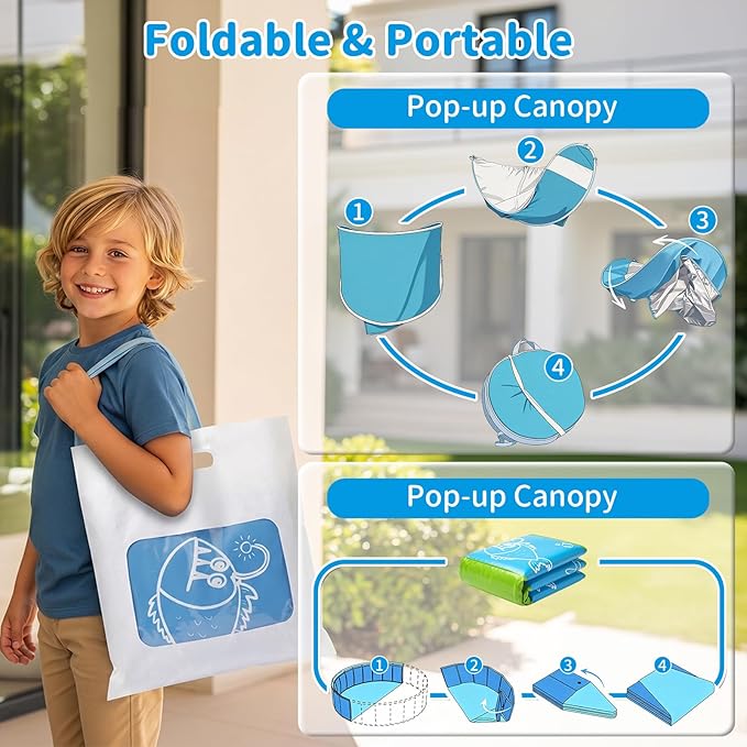 Kids Pool for Toddler, Foldable Kiddie Pool with Removable Canopy, Portable Baby Toddler Pool for Indoor Outdoor, Quick Setup No Tools, Easy Drain Non-Slip Splash Pool for Backyard & Travel (47in)