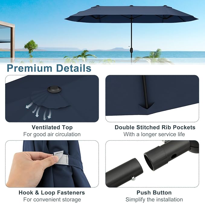 Giantex Patio Umbrella with Base, Double-Sided Outdoor Umbrella with Crank Handle, Umbrella Base Stand with 2 Sandbags, 12 Metal Ribs, Market Umbrellas for Garden Poolside Deck