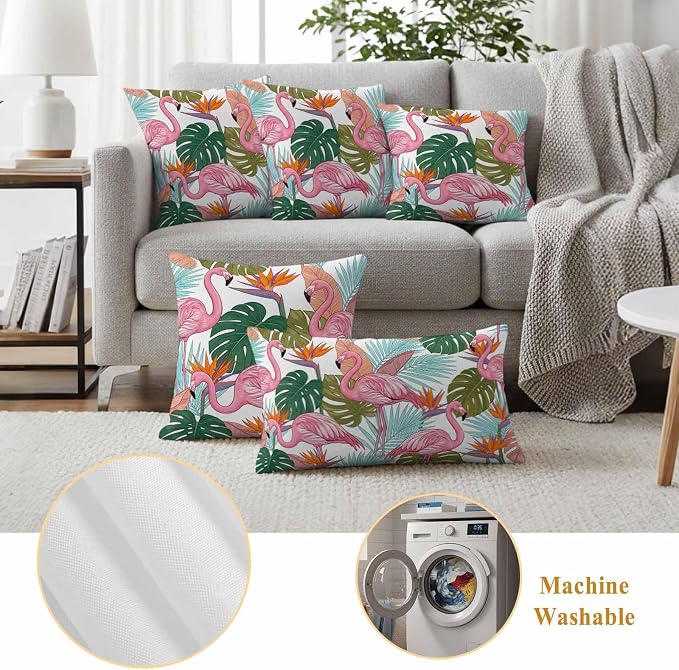 Pink Flamingos Outdoor Pillow Covers 18"x18" Set of 2, Watercolor Monstera Leaf Green Tropical Plant Waterproof Throw Pillow Covers for Patio Furniture, Decorative Cushion Covers for Porch