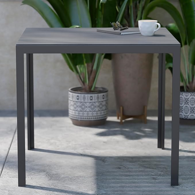 Flash Furniture Harris Commercial Indoor/Outdoor Patio Table - Black Poly Resin Slatted Top - Black Steel Frame - Seating for 4