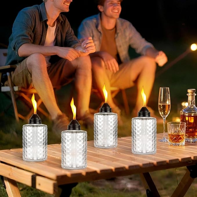 KintKita Glass Torches for Outside 4 Pack, 12oz Table Top Citronella Torch Outdoor Lighting, Refillable Tabletop Torch Includes Wick & Cap for Outside Patio & Backyard Parties Décor (White