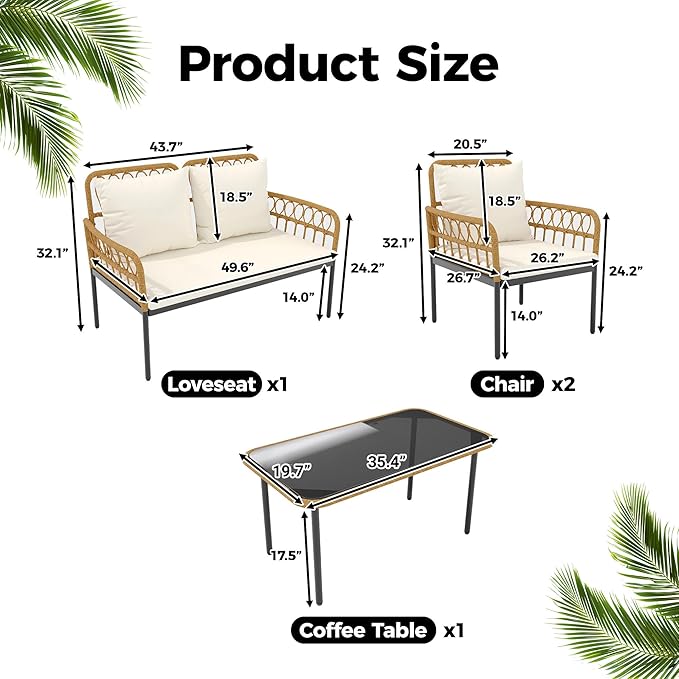 GarveeLife 4 Pieces Patio Furniture Sets Wicker Outdoor Patio Table and Chairs Set with Glass Side Table, Loveseat Chairs, Boho Rattan Conversation Sets for Backyard, Bistro, Apartment, Porch, Beige