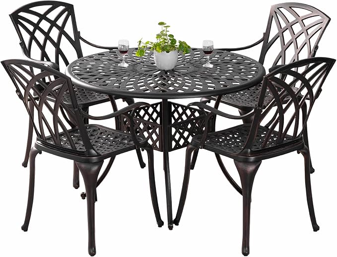 5 Pieces Outdoor Patio Dining Set, Cast Aluminium Patio Furniture Set with 4 Chairs Round Table, Anti Rust Outdoor Dining Set with 1.97" Umbrella Hole for Garden, Porch and Poolside, Bronze