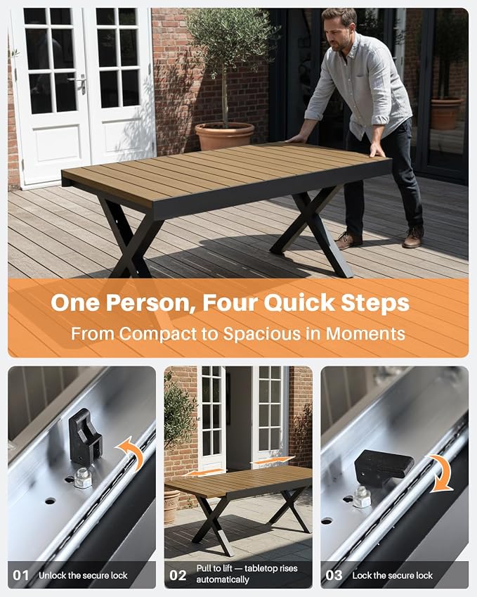 Teak Extendable Patio Dining Set for 8, Aluminum Outdoor Dining Set with 2 Swivel Chairs, Expandable Dining Table and 6 Stackable Double-Layer Textilene Chairs, Patio Table and Chairs Set