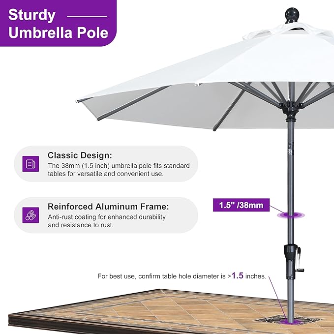 PURPLE LEAF 8' Round Patio Market Umbrella with Base Outdoor Table Umbrellas Aluminum Frame Sun Shade with 8 Sturdy Ribs Tilt for Garden Deck Lawn Pool White