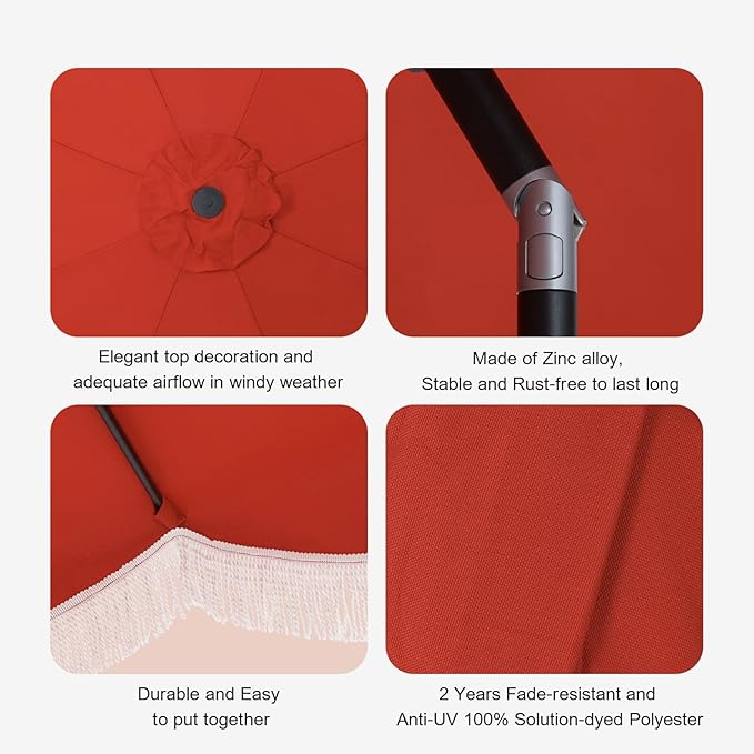 Tempera 9ft Red Scalloped Patio Umbrella with Fringe,UV Protection Fade Resistant Canopy, 8 Sturdy Ribs, Outdoor Table Umbrella with Crank Tilt for Lawn, Pool, Deck, Balcony