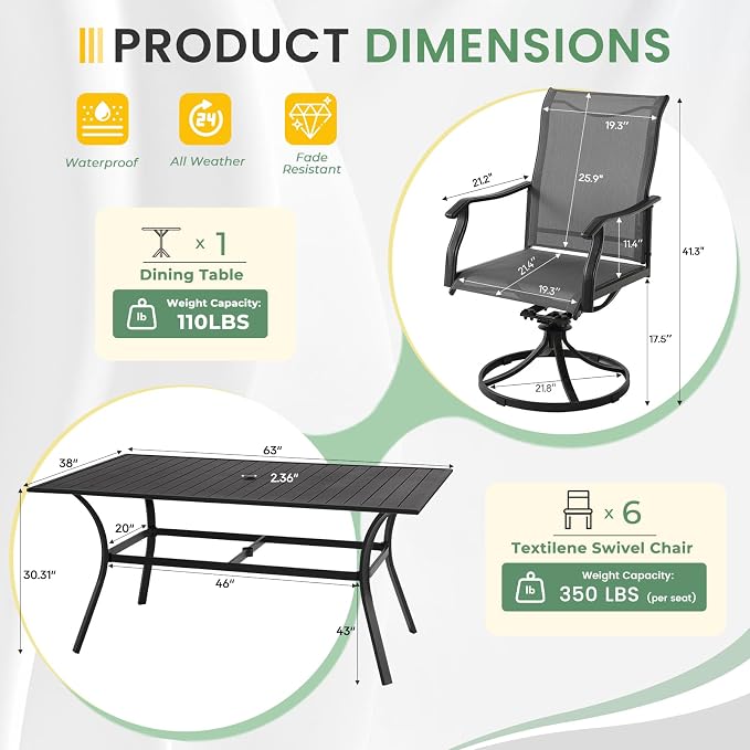 LVUYOYO 7-Piece Outdoor Patio Dining Set, Textilene Swivel Chairs & Rectangular Table Set, All-Weather Table and Chairs Set with Umbrella Hole for Backyard, Garden,Balcony,Porch (Gray)