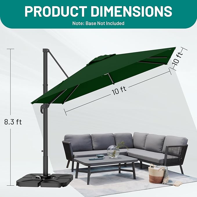AreShark 10 × 10FT Square Cantilever Patio Umbrella with Base Included, 360° Rotation Offset Outdoor Umbrella, 5 Tilt Settings Heavy Duty Hanging Parasol for Deck Garden Pool, Dark Green