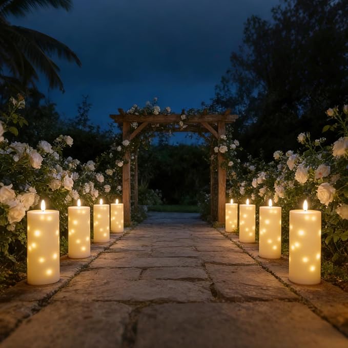 kakoya Large Solar Flameless Candles Outdoor Waterproof 10" x 4",2Pcs LED Pillar Candles Included Rechargeable Solar Battery with Embedded Star String for Outdoor Porch,Patio Decor(White)