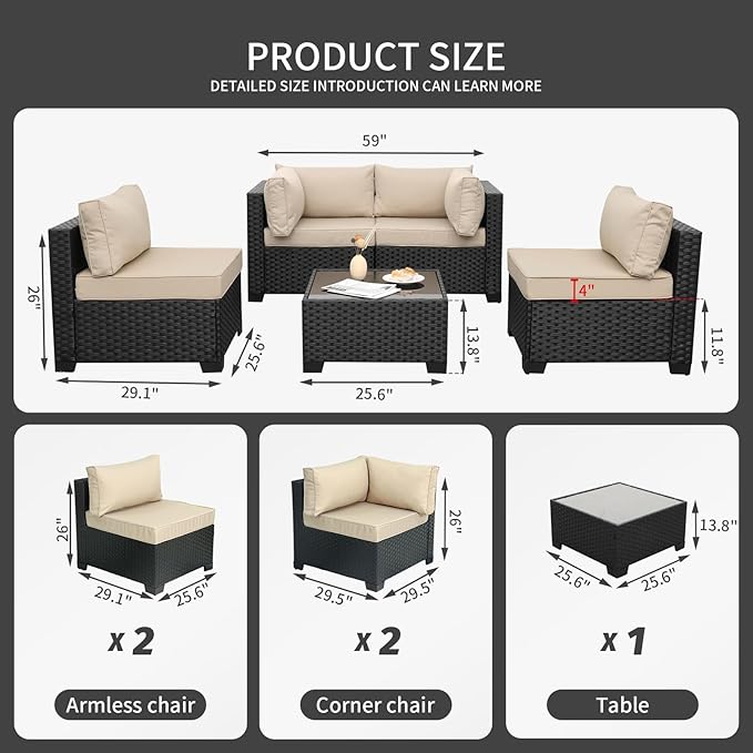WAROOM Outdoor 5 Piece Patio Furniture Set, Black Rattan Conversation Couch Resin Wicker Sectional Sofa Outside Chair with Coffee Table, Khaki Cushion