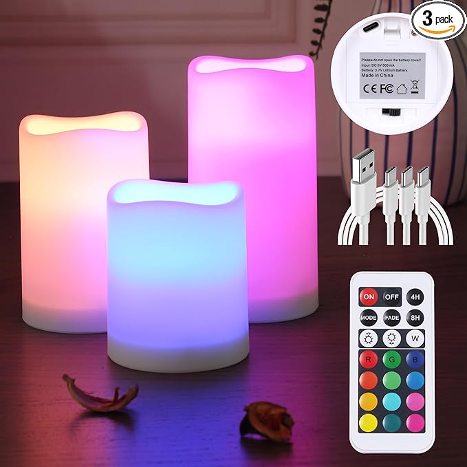 Remote Control Rechargeable Flameless LED Candle Light, Outdoor/Indoor Color Changing Plastic Candle, 3 Pack…