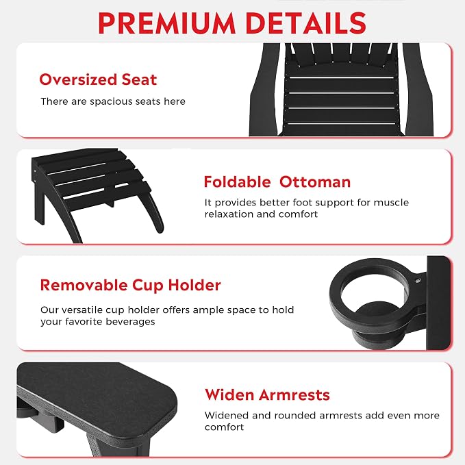 Costaelm Lakeview 2-Piece Outdoor Patio HDPE Adirondack Chair with Ottoman and Cup Holder Set, Black