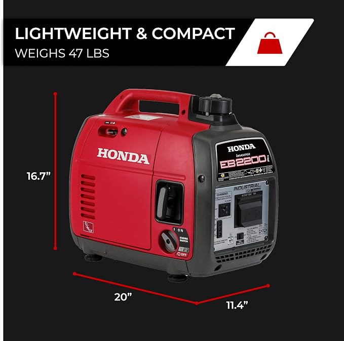 Honda EB2200i 2200 Watt Inverter Generator, Super Quiet 120V Gas Powered OSHA-Compliant Outdoor Portable Generator for Construction Site or Backup Power Supply, Up to 8.1 Hour Run Time (EB2200ITAN)