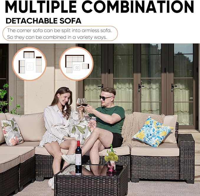 7 Pieces Patio Furniture Set, Wicker PE Rattan Outdoor Sectional with Cushion & Coffee Table, Patio Conversation Sofa for Garden, Backyard, Poolside, Beige