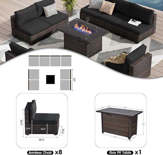 9 Pieces Outdoor Sectional Patio Furniture Set with Fire Pit Table PE Rattan Wicker Patio Sectional Armless Conversation Set with Cushions Black