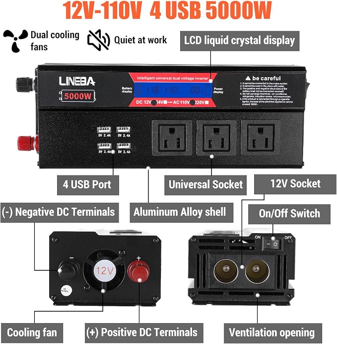 5000 Watt Power Inverter with LED Display, 3 AC Outlets, 4 USB Port, 12V DC to 110V AC Converter Car Power Inverter for Car, RV, Truck, Off Grid Solar System, Camping