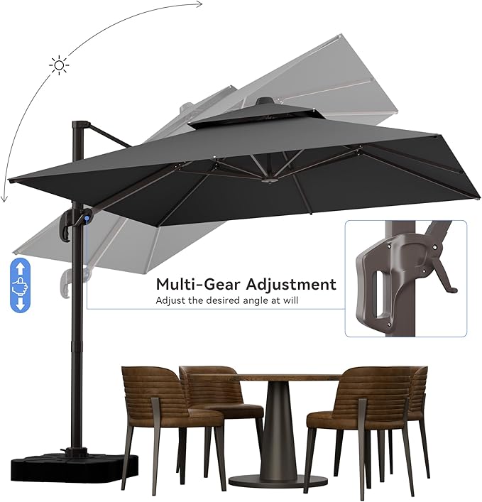 10x10FT Grey Cantilever Outdoor Patio Umbrella with Base, Large Square Offset Design, Double Top Heavy Duty Aluminum Frame & 360° Rotation for Pool Garden Deck Backyard