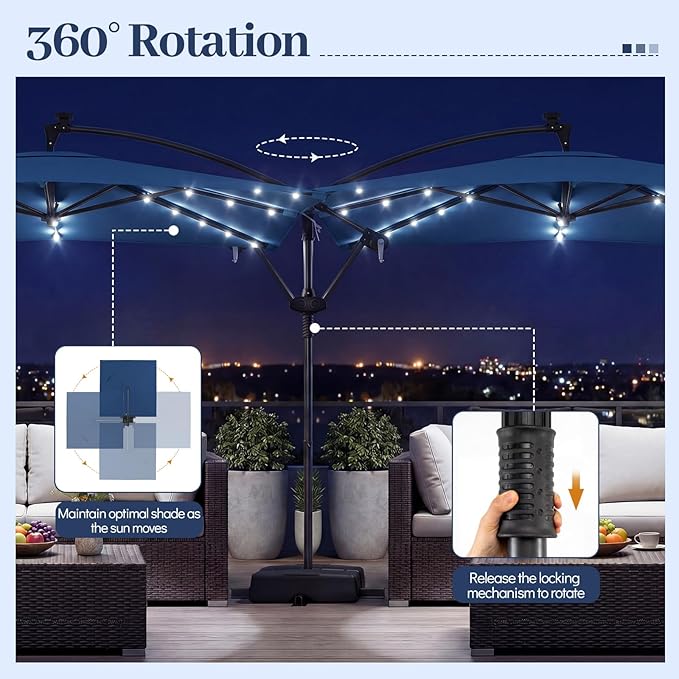 Tangkula 8x8 FT Solar Patio Umbrella with Base Included, Square Offset Cantilever Outdoor Umbrella with 360 Degree Rotation, 32 LED Lights, Crank Handle, 2 Sandbags, 8 Ribs, Air Vent for Pool Deck Garden Backyard
