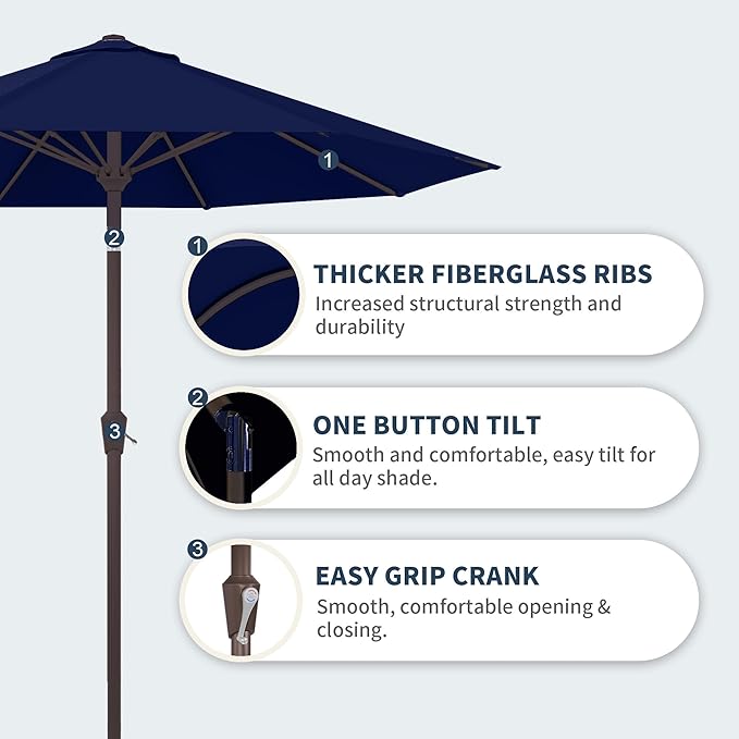 PatioKingdom Patio Umbrella with Push Button Tilt and Crank, Outdoor Market Umbrella with 8 Fiberglass Ribs, UV Protection Table Umbrella for Pool,Backyard,Garden,Deck (Navy, 10FT)